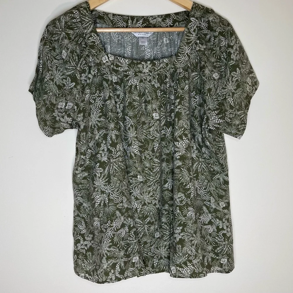Christopher & Banks | Petite Green Botanical Print Square Neck Blouse | PXL - Picture 1 of 8